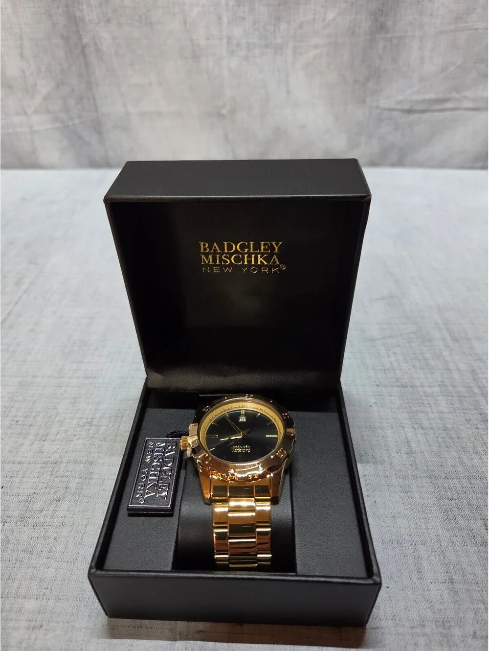Badgley Mischka Mens Gold Tone Watch with Black Dial